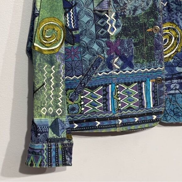 Chico’s | Women’s Mixed Artisan Blue Green Denim Jacket Coat - Picture 5 of 16